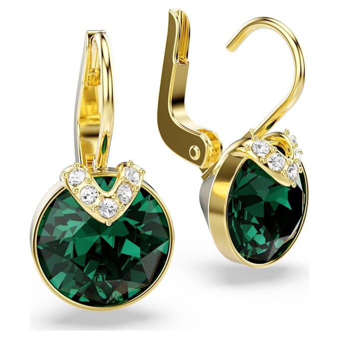 Bella V Drop Earrings Round Cut, Green, Gold-Tone Plated Bella V Drop Earrings Round Cut, Green, Gold-Tone Plated