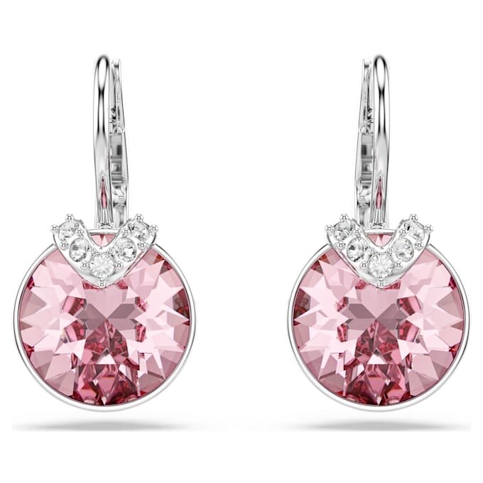 Bella V Drop Earrings Round Cut, Pink, Rhodium Plated Bella V Drop Earrings Round Cut, Pink, Rhodium Plated