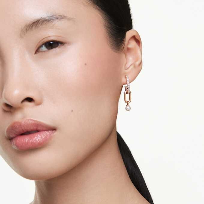 Constella Drop Earrings Crystal Pearl, Round Cut, White, Rose Gold-Tone Plated Constella Drop Earrings Crystal Pearl, Round Cut, White, Rose Gold-Tone Plated
