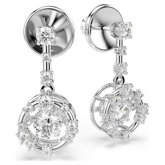 Constella Drop Earrings Round Cut, Dancing Stone, White, Rhodium Plated Constella Drop Earrings Round Cut, Dancing Stone, White, Rhodium Plated