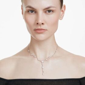 Constella Y Necklace Crystal Pearl, Round Cuts, White, Rhodium Plated