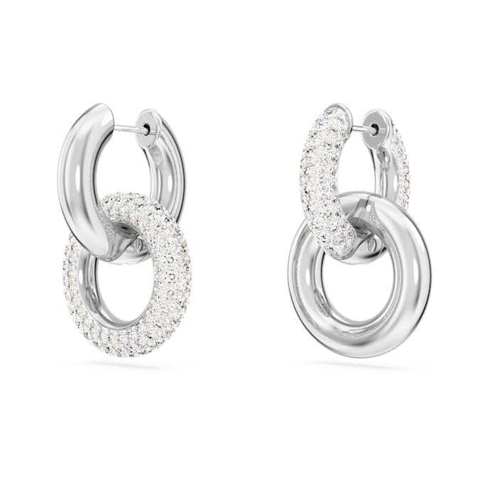 Dextera Hoop Earrings Asymmetrical Design, Interlocking Loop, White, Rhodium Plated Dextera Hoop Earrings Asymmetrical Design, Interlocking Loop, White, Rhodium Plated