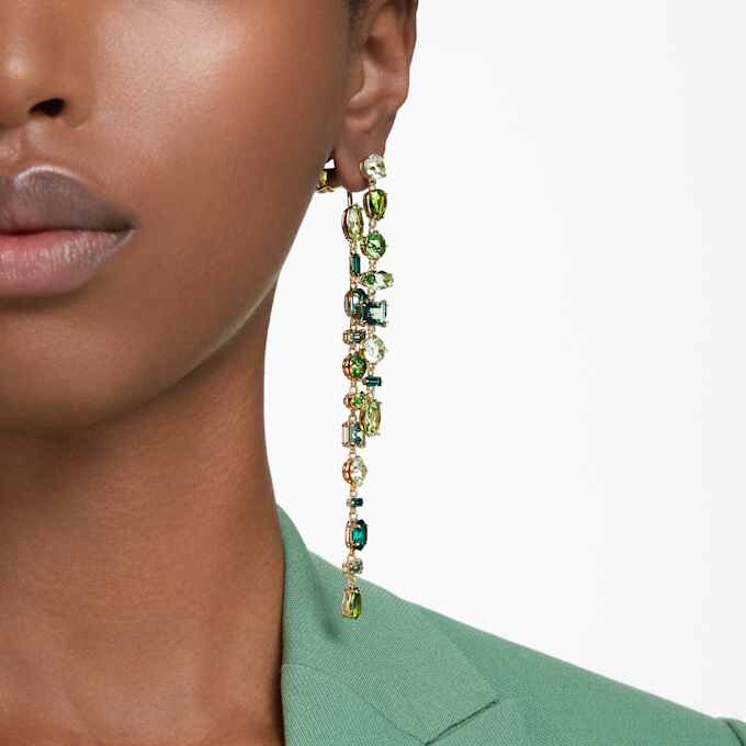 Gema Drop Earrings Asymmetrical Design, Mixed Cuts, Extra Long, Green, Gold-Tone Plated Gema Drop Earrings Asymmetrical Design, Mixed Cuts, Extra Long, Green, Gold-Tone Plated