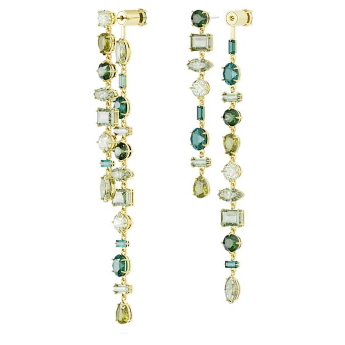 Gema Drop Earrings Asymmetrical Design, Mixed Cuts, Extra Long, Green, Gold-Tone Plated Gema Drop Earrings Asymmetrical Design, Mixed Cuts, Extra Long, Green, Gold-Tone Plated