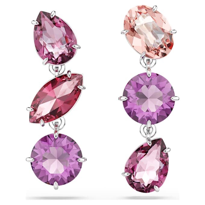 Gema Drop Earrings Mixed Cuts, Pink, Rhodium Plated Gema Drop Earrings Mixed Cuts, Pink, Rhodium Plated