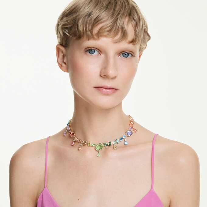 Gema Necklace Mixed Cuts, Dangling Crystals, Multicolored, Gold-Tone Plated Gema Necklace Mixed Cuts, Dangling Crystals, Multicolored, Gold-Tone Plated