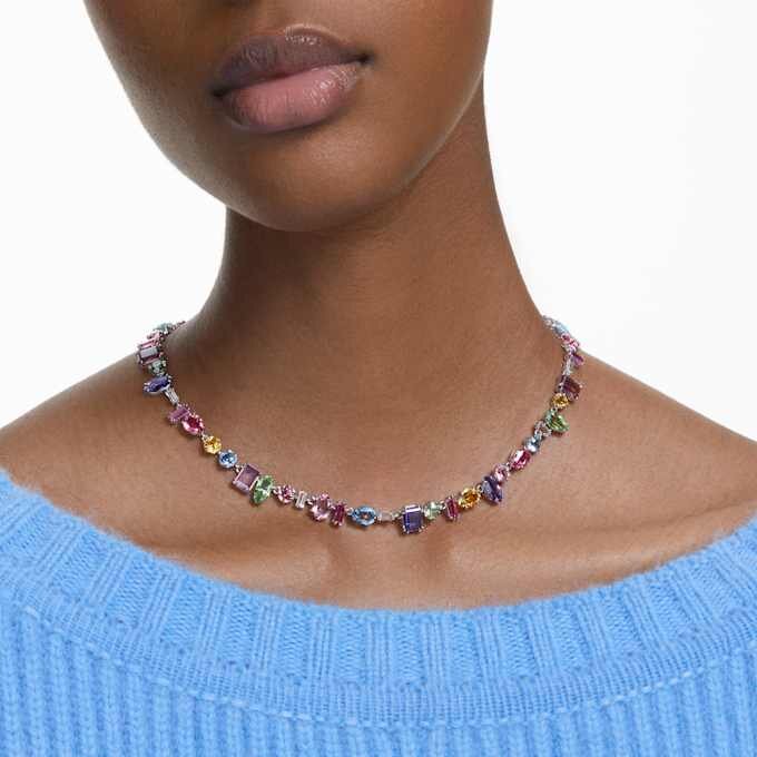 Gema Necklace Mixed Cuts, Multicolored, Rhodium Plated Gema Necklace Mixed Cuts, Multicolored, Rhodium Plated