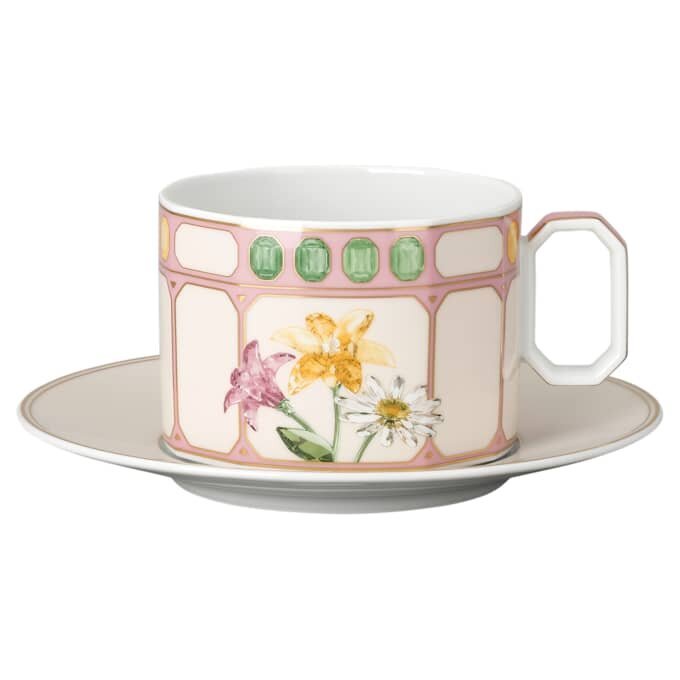 Idyllia Combi Cup with Saucer Porcelain, Crystal Print Motif, Bouquet, Multicolored Idyllia Combi Cup with Saucer Porcelain, Crystal Print Motif, Bouquet, Multicolored