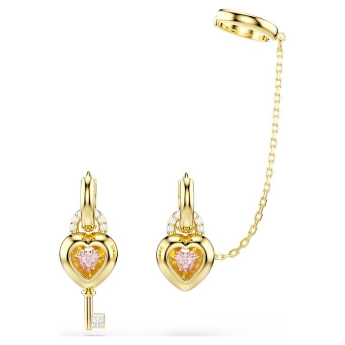 Idyllia Drop Earrings with Ear Cuff Mixed Cuts, Heart with Key, Pink, Gold-Tone Plated Idyllia Drop Earrings with Ear Cuff Mixed Cuts, Heart with Key, Pink, Gold-Tone Plated