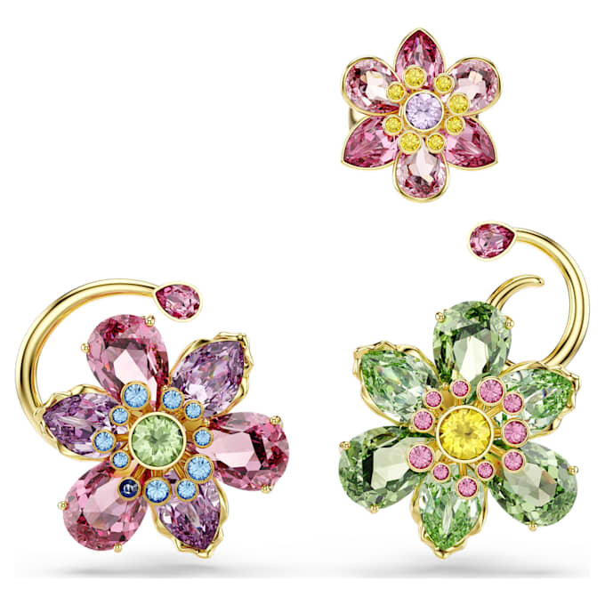Idyllia Ear Cuff Set (3), Asymmetrical Design, Mixed Cuts, Flower, Multicolored, Gold-Tone Plated Idyllia Ear Cuff Set (3), Asymmetrical Design, Mixed Cuts, Flower, Multicolored, Gold-Tone Plated