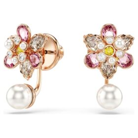 Idyllia Earring Jackets Crystal Pearl, Mixed Cuts, Flower, Multicolored, Rose Gold-Tone Plated