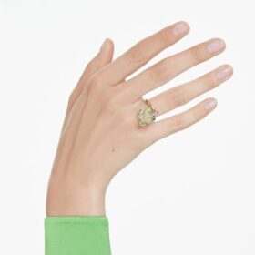 Idyllia Open Ring Mixed Cuts, Flower, Green, Gold-Tone Plated
