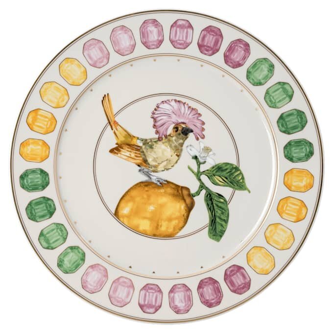Idyllia Service Plate Porcelain, Crystal Print Motif, Flycatcher, Multicolored Idyllia Service Plate Porcelain, Crystal Print Motif, Flycatcher, Multicolored