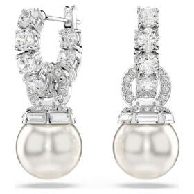 Matrix Drop Earrings Crystal Pearl, Round Cut, White, Rhodium Plated