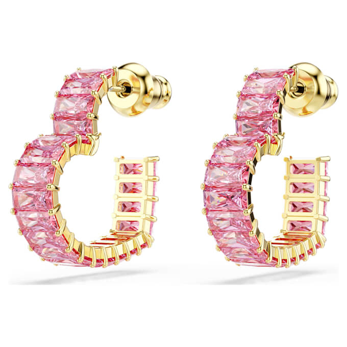 Matrix Hoop Earrings Baguette Cut, Heart, Small, Pink, Gold-Tone Plated Matrix Hoop Earrings Baguette Cut, Heart, Small, Pink, Gold-Tone Plated