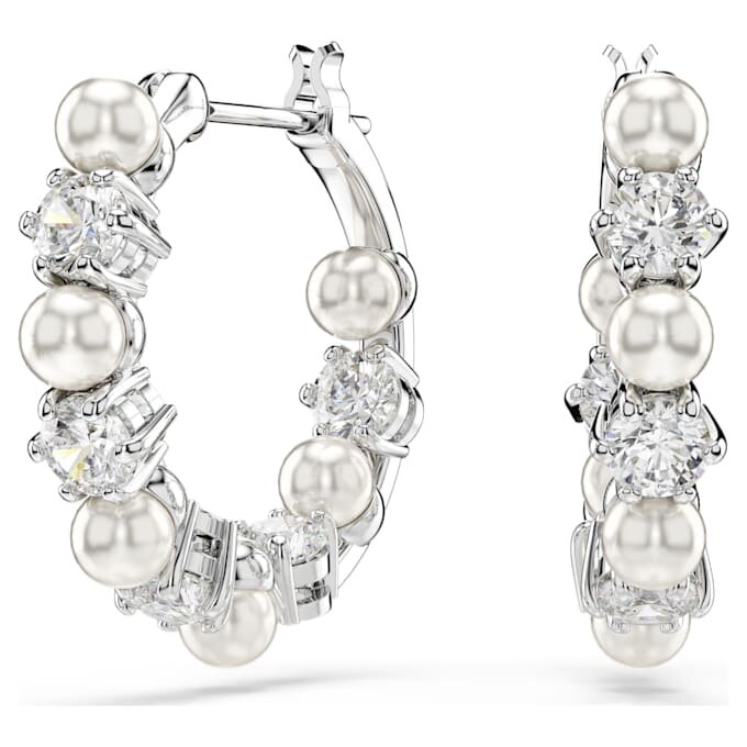 Matrix Hoop Earrings Crystal Pearl, Round Cut, White, Rhodium Plated Matrix Hoop Earrings Crystal Pearl, Round Cut, White, Rhodium Plated