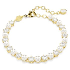 Matrix Tennis Bracelet Crystal Pearl, Round Cut, White, Gold-Tone Plated