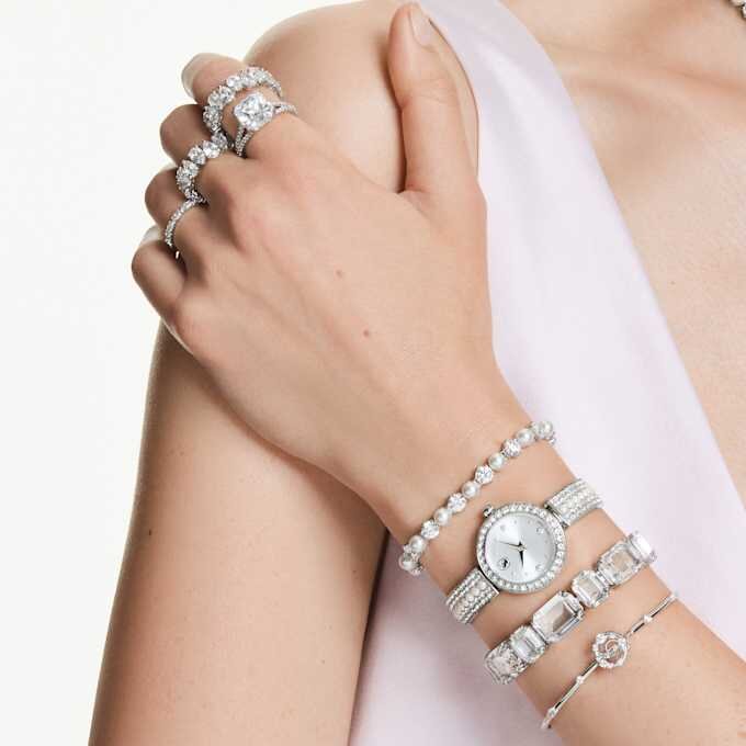 Constella Bangle Round Cut, Dancing Stone, White, Rhodium Plated Constella Bangle Round Cut, Dancing Stone, White, Rhodium Plated