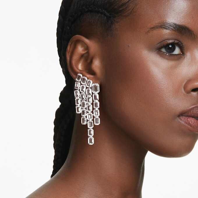 Millenia Clip Earrings Octagon Cut, Chandelier, White, Rhodium Plated Millenia Clip Earrings Octagon Cut, Chandelier, White, Rhodium Plated