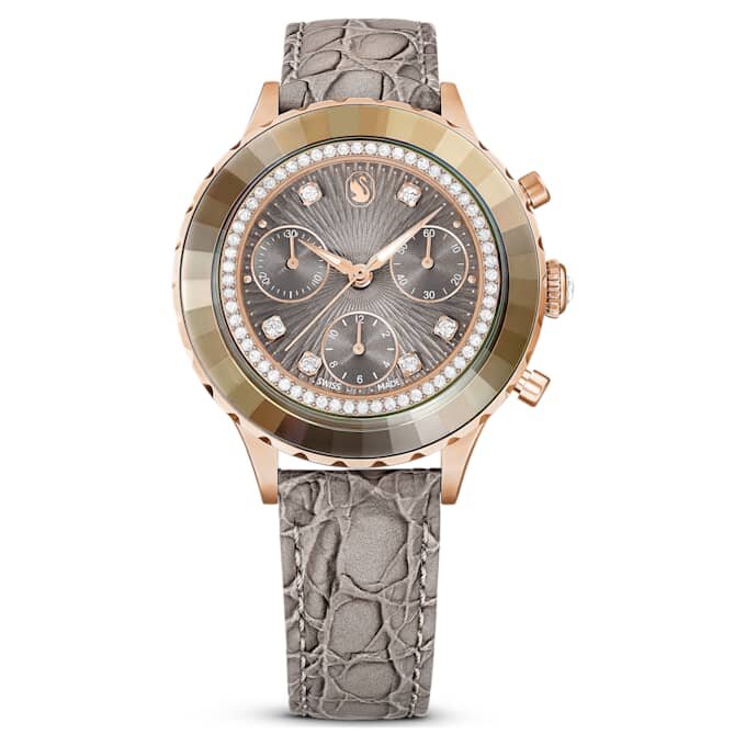 Octea Chrono Watch Swiss Made, Leather Strap, Gray, Rose Gold-Tone Finish Octea Chrono Watch Swiss Made, Leather Strap, Gray, Rose Gold-Tone Finish