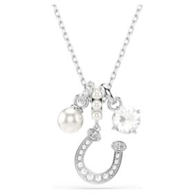 Symbolica Pendant Crystal Pearl, Round Cut, Pavé, Horse Shoe, White, Rhodium Plated