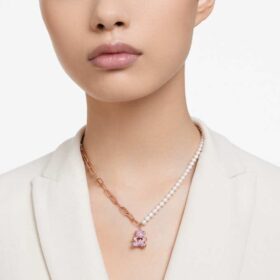 Teddy Pendant Crystal Pearl, Bear, Pink, Rose Gold-Tone Plated